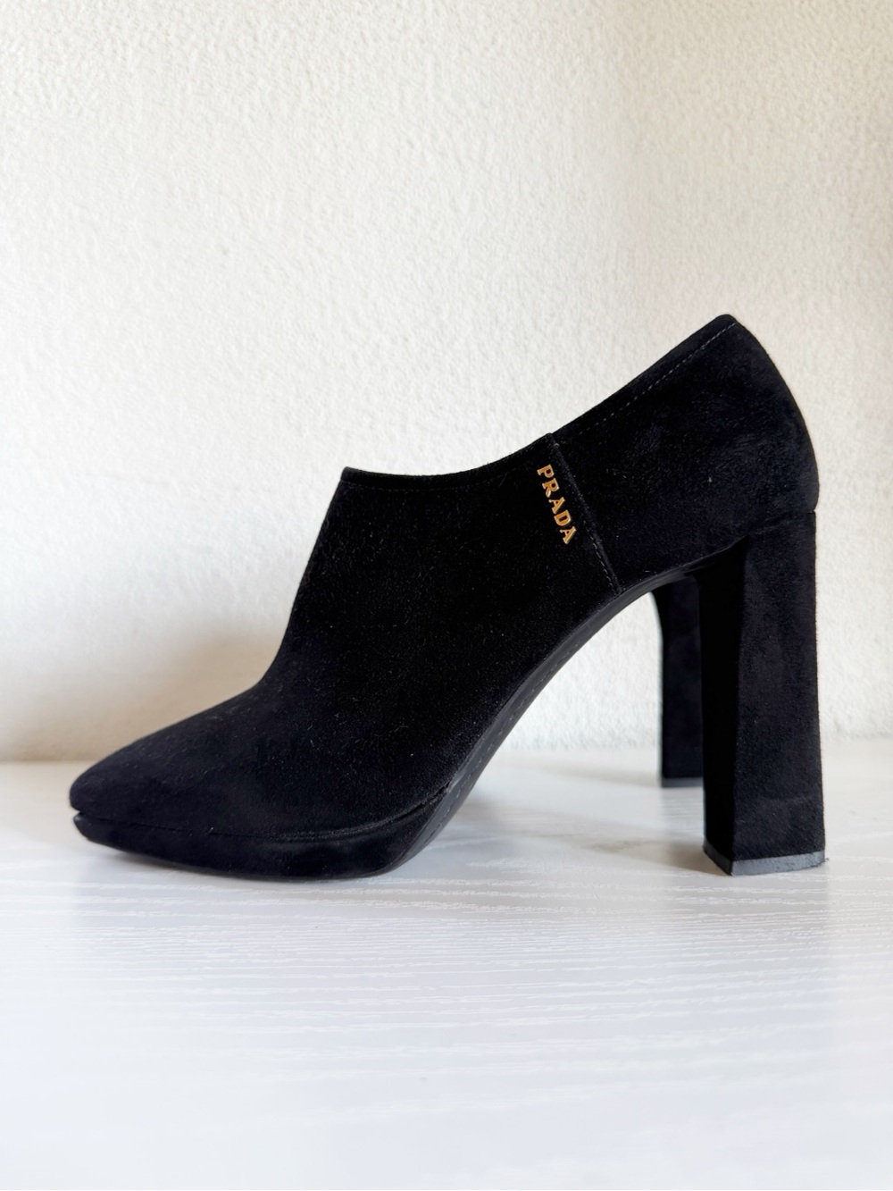 Prada Black Suede Square Toe Block Heel Ankle Boots EU 37
